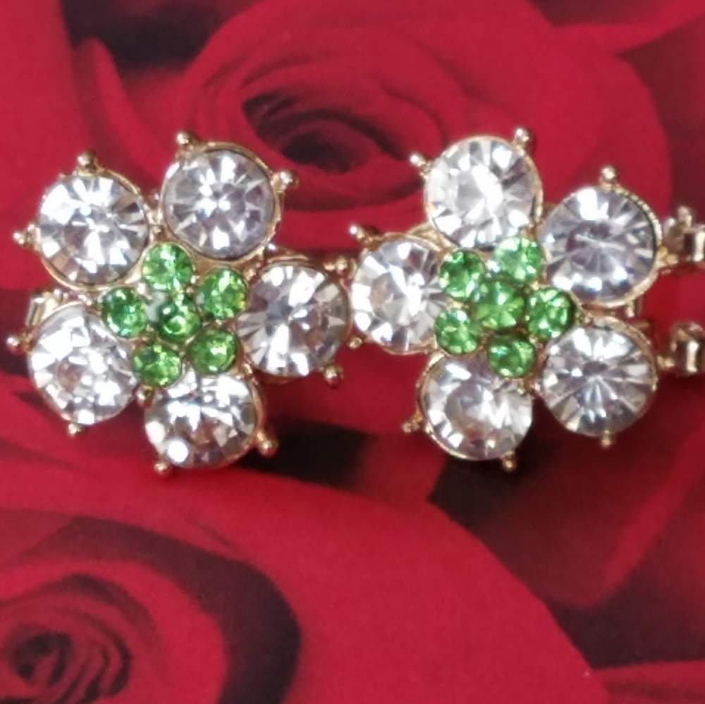 Green and clear crystal flower earrings